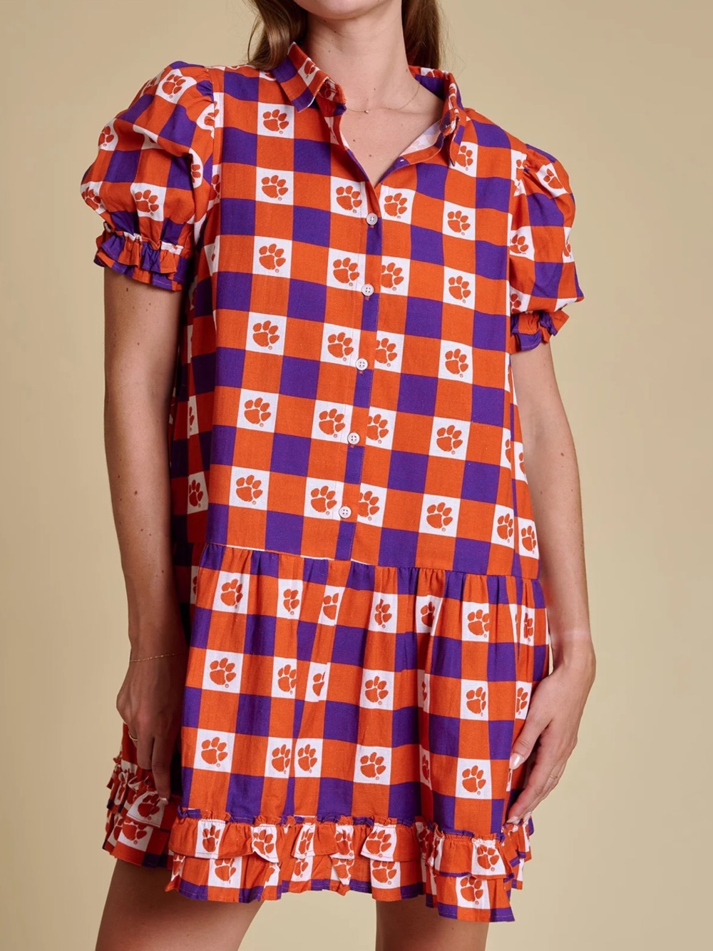 Clemson Tigers The Go Gingham Ruffle Dress Linen Cotton Blend XL NWT $169